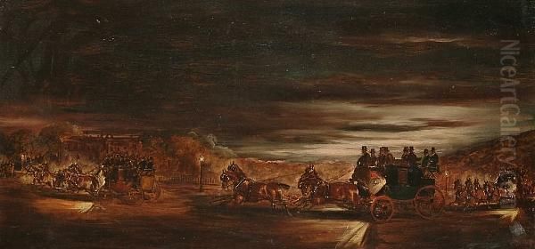 The London To Brighton Stage Coach By Night Oil Painting by Edith F. Jones