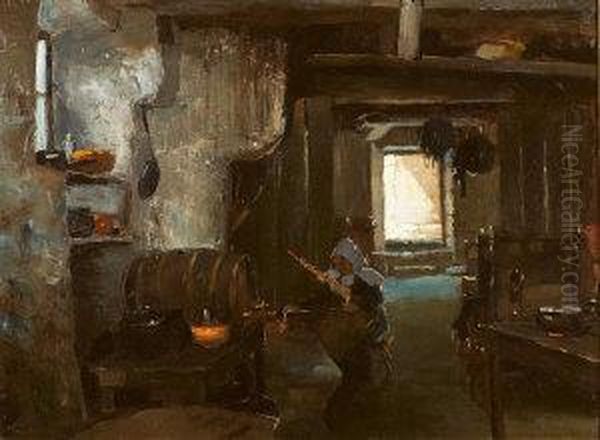 A Breton Interior Oil Painting by Henry Thaddeus Jones