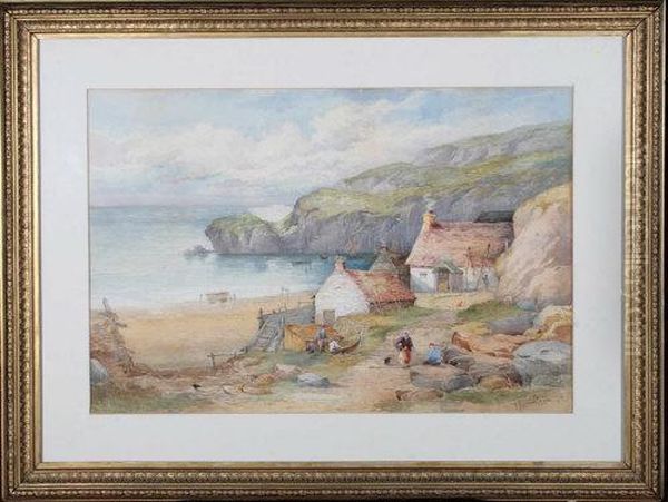 A Fishing Village In A Rocky Cove With Figures In The Foreground Repairing Nets Oil Painting by John Rock Jones