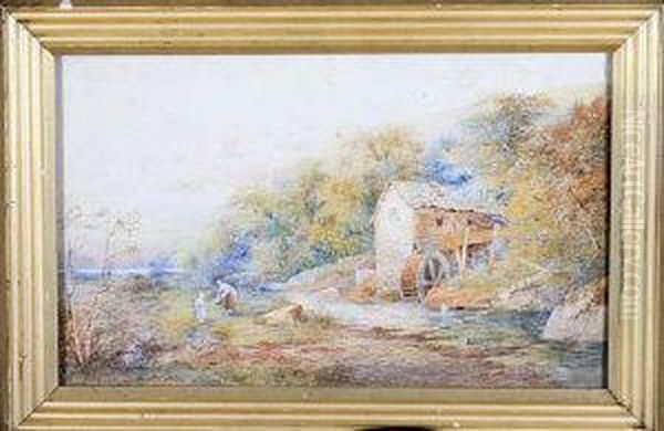 A Mother And Daughter Gathering Wild Flowers By A Watermill Oil Painting by John Rock Jones