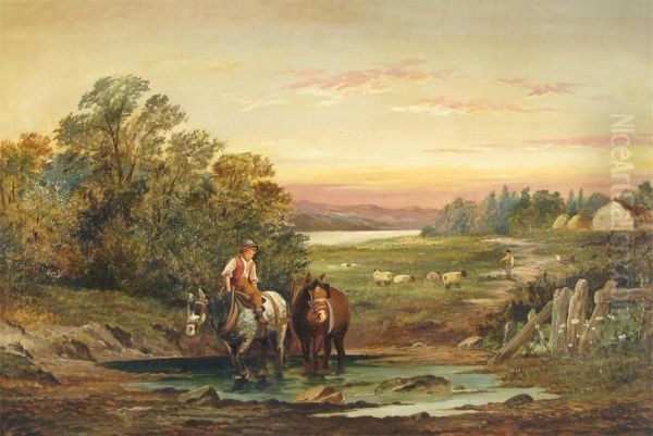 Pastoral Scene At Dusk Oil Painting by John Rock Jones