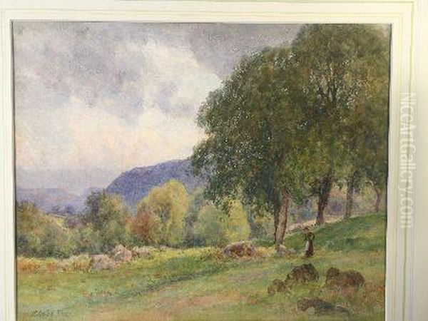 Conwy Valley Landscape With Lady On A Path By A Tree Oil Painting by Josiah Clinton Jones