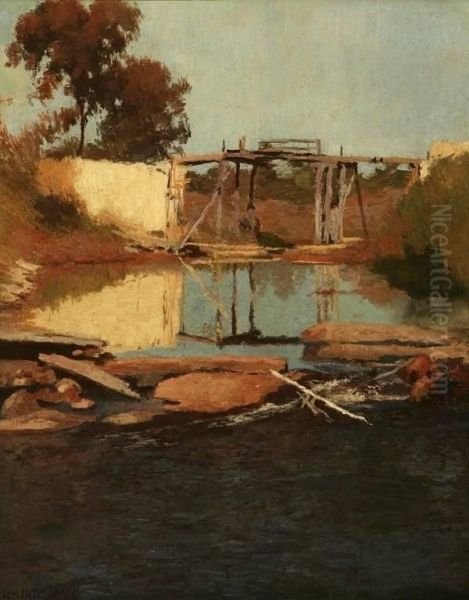 Bridge In River Landscape Oil Painting by Leon Foster Jones