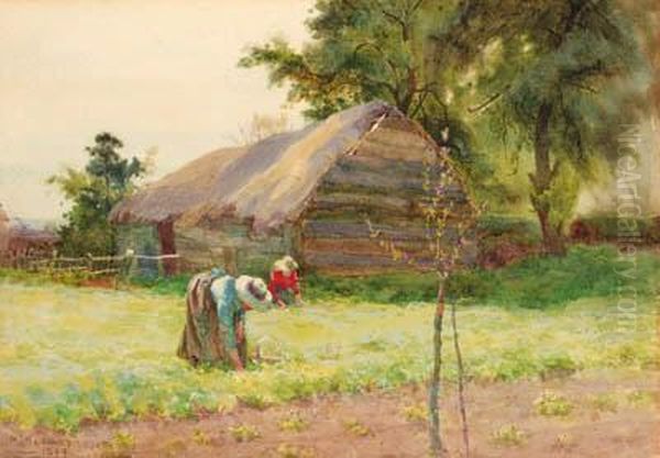 Figures Harvesting Lettuces; And Poultry Scratching Beneath A Crab-apple Tree Oil Painting by Maud Raphael Jones