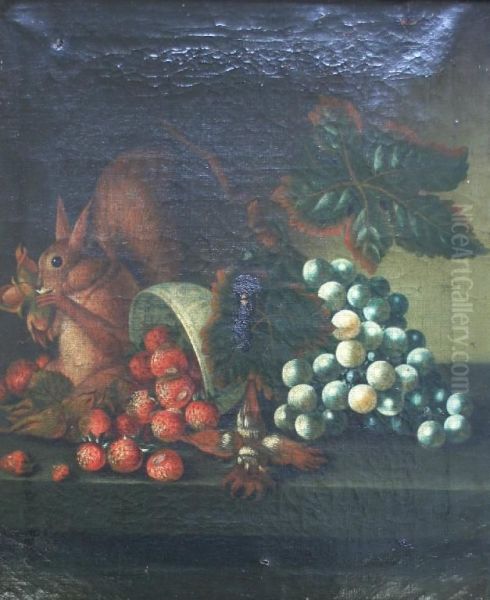 A Squirrel Eating Nuts By A Bowl Of Strawberries And Grapes Oil Painting by William Jones Of Bath