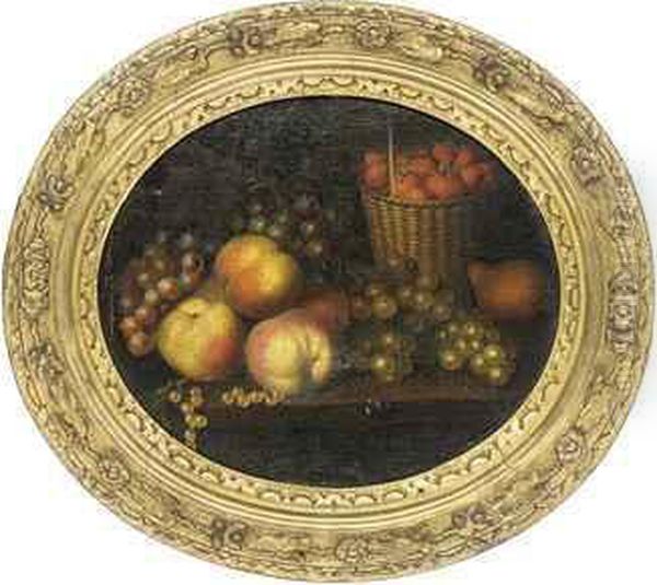 Grapes, Apples, Strawberries In A Basket And A Pear On Aledge Oil Painting by William Jones Of Bath