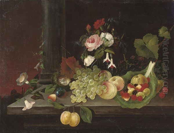 Grapes, Peaches, Strawberries, Cherries, Gooseberries, Greengagesand Convolvulus On A Stone Ledge, With A Bird's Nest And A Vase Ofroses, Carnations And Fuchsia Oil Painting by William Jones Of Bath