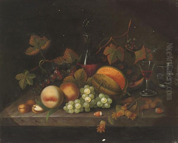 Peaches, Grapes And Hazlenuts On A Marble Ledge, With A Decanterand Glasses Of Wine And Water Oil Painting by William Jones Of Bath