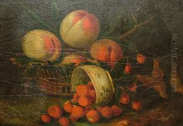 Strawberries And Beaches With A Bowl And A Basket And Peaches, Grapes And Strawberries On A Ledge Oil Painting by William Jones Of Bath