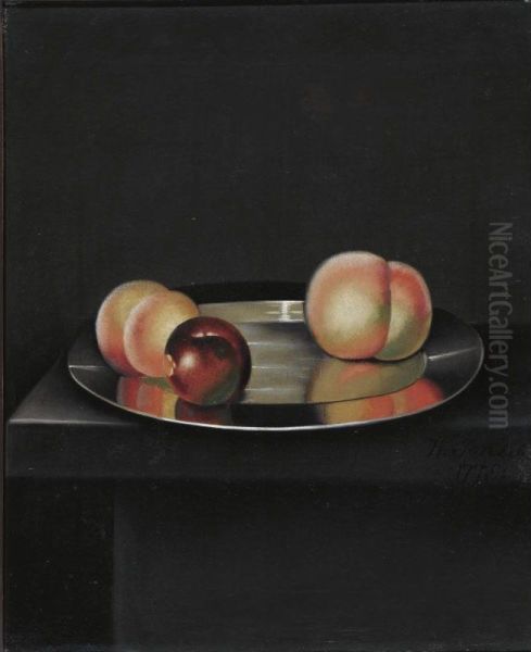 Still Life With Peaches And An Apple On A Pewter Plate Oil Painting by William Jones Of Bath