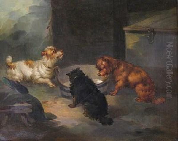 Three Terriers By A Barrel In A Barn Oil Painting by Paul Jones