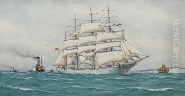 Sailing Vessel At Journey's End Together With Another In Tow Oil Painting by Pelham Jones