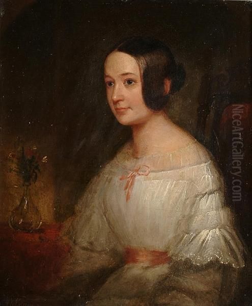 Portrait, Half Length, Of A Lady Wearing A White Dress With Pink Ribbon Trim Oil Painting by Pelham Jones