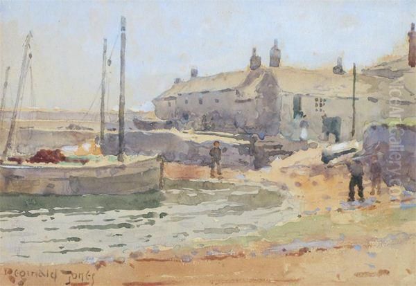 View Of A Small Fishing Port, Possibly Cornwall Oil Painting by Reginald T. Jones