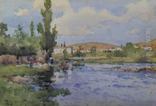 Figures By A River With A Village And Hills Inthe Distance Oil Painting by Reginald T. Jones