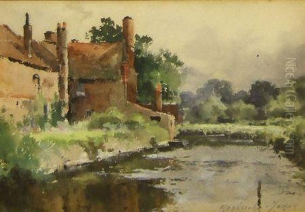 River Scene With Cottages Oil Painting by Reginald T. Jones