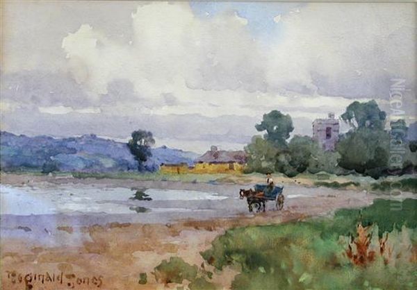 A Pony And Cart Going Along A River Bank Oil Painting by Reginald T. Jones