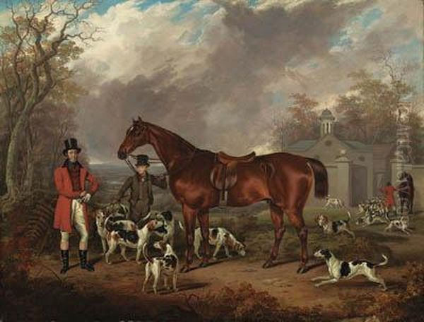 Going Out: A Gentleman With A Chestnut Hunter Held By A Groom, Withhounds At Woodfold Park, Near Blackburn, The Kennels Beyond Oil Painting by Richard Jones