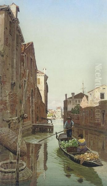 A Gondola Loaded With Vegetables On A Venetian Backwater Oil Painting by T. Hampson Jones