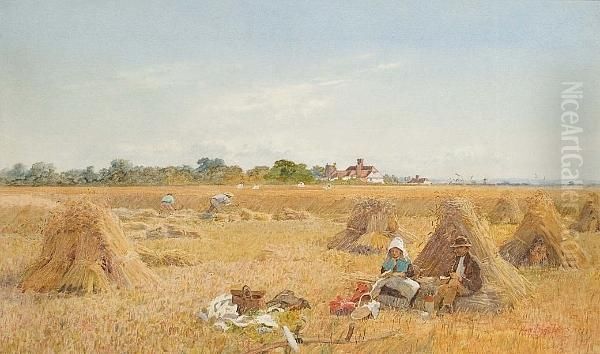 A Brief Break During Harvest, Signed And Dated 1856 Oil Painting by T. Hampson Jones