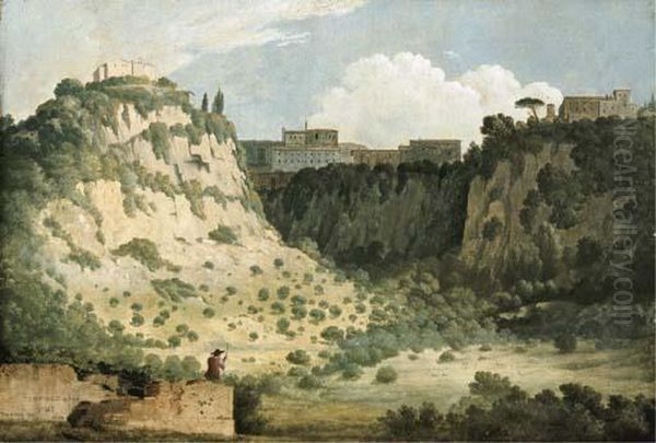 View Of The Temple Of Diana, Nemi, With A Shepherd In The Foreground Oil Painting by Thomas Jones