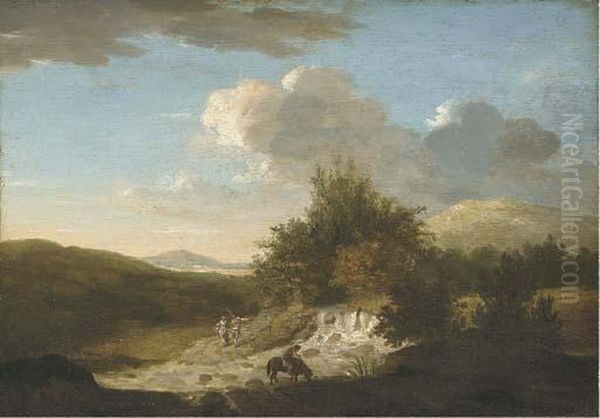 A Wooded River Landscape With Figures By A Ford Oil Painting by Thomas Jones