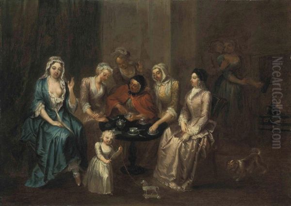 A Group Of Ladies Gathered At A Table With A Fortune Teller Oil Painting by William Jones