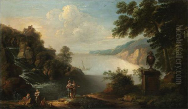 A Rocky Coastal Landscape With Soldiers And Other Figures In The Near Foreground Oil Painting by William Jones