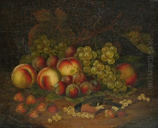 Still Life Of Bird, Fruit And Vine Leaves On A Ledge Oil Painting by William Jones