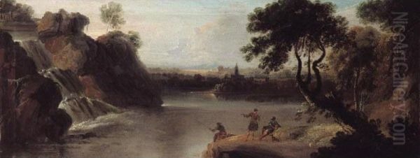 River Landscape With Seated Figures And A Waterfall Oil Painting by William Jones