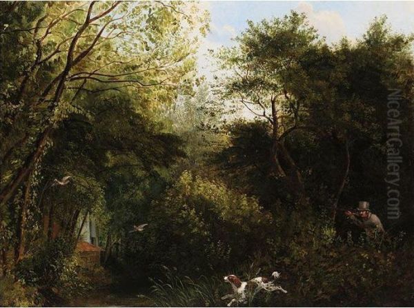 A Gentleman Shooting Woodcock In A Wood Oil Painting by William Jones