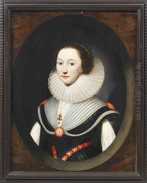 Portrait Of A Lady, Half-length, In A Black Dress And White Ruff And Jewelled Pendant, In A Feigned Marbled Oval Oil Painting by Cornelius Janssens Van Ceulen