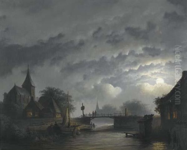 River Landscape In The Moonlight. Oil Painting by Pieter Hendrik Jonxis