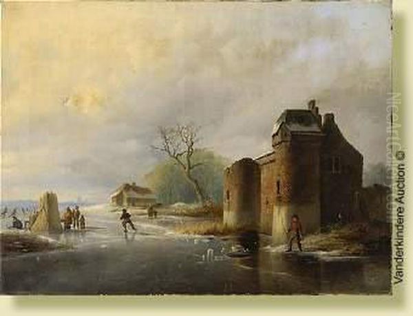 Paysage Hivernal Aux Patineurs Oil Painting by Pieter Hendrik Lod. Jonxis