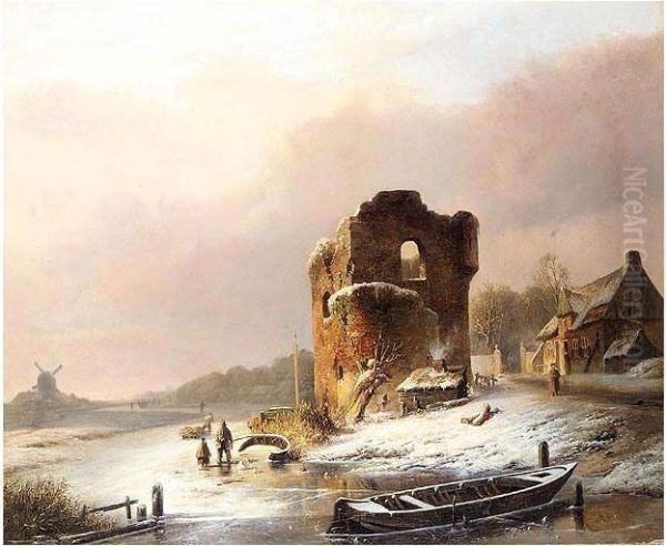 The Frozen River Oil Painting by Pieter Hendrik Lod. Jonxis