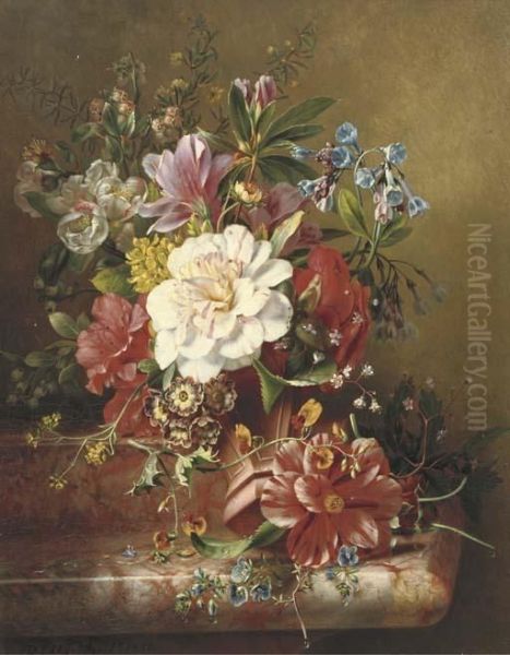 A Colourful Bouquet On A Ledge Oil Painting by Dirk Jan Hendrik Joostens