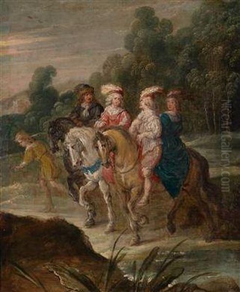 A Landscape With An Elegant Party Onhorseback Oil Painting by Hans III Jordaens