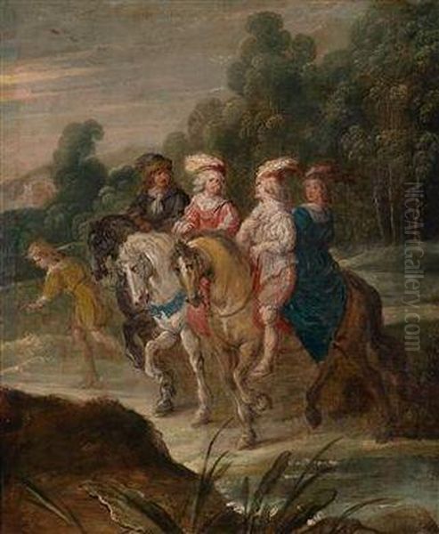 Landschaft Mit Einereleganten Berittenen Gesellschaft Oil Painting by Hans III Jordaens