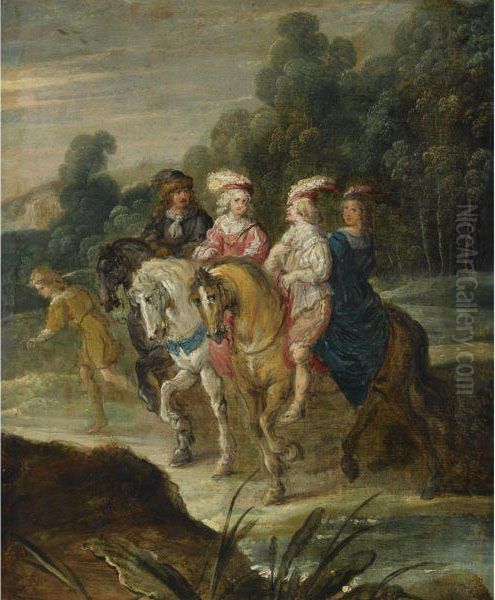 An Elegant Company On Horseback Oil Painting by Hans III Jordaens