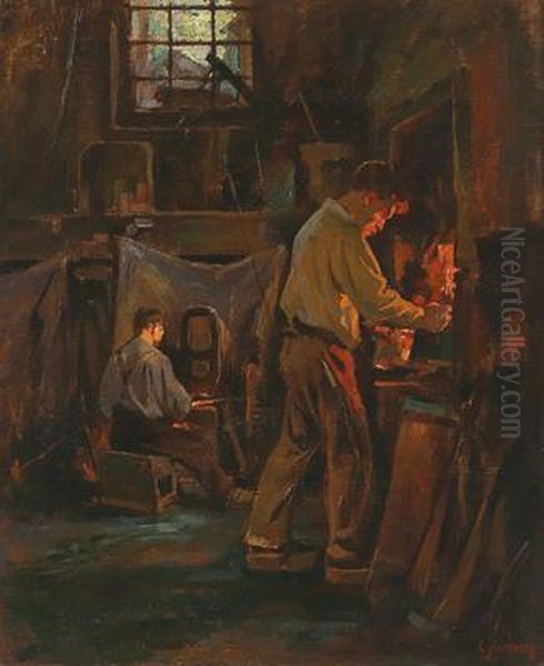 A Smithy In The Vosges Mountains Oil Painting by Carl Jordan