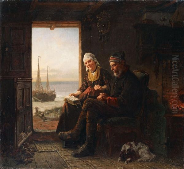 Interieur Mit Alterem Ehepaar Und Aussicht Auf Das Meer Oil Painting by Rudolf Jordan