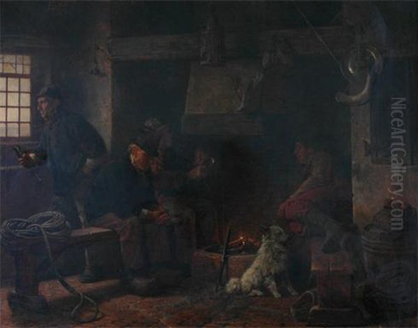 Interior, The Look Out Fisherman Cottage, Figures And Dog Around The Fire Oil Painting by Rudolf Jordan