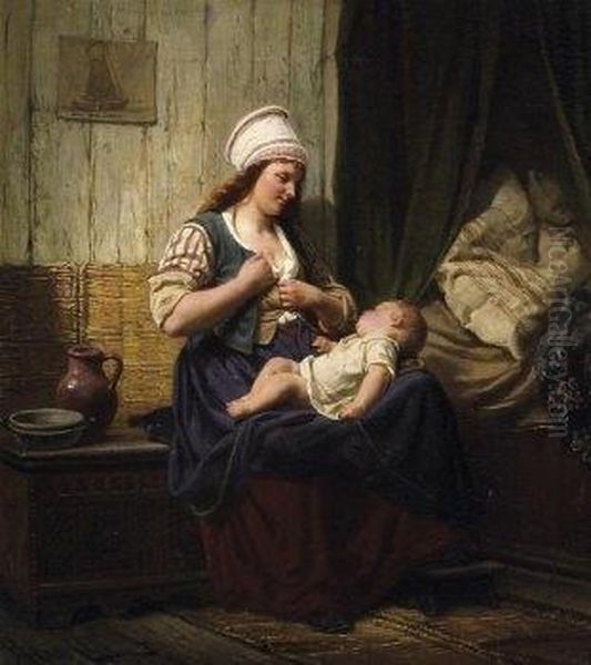 Young Mother With Her Peacefully Sleeping Child On Her Lap Oil Painting by Rudolf Jordan