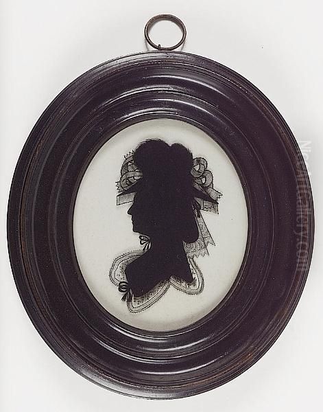 A Silhouette Of A Lady, Profile To The Left, Wearing Lace Collar, Her Large Outdoor Hat Adorned With Ribbons And Feathers, Her Hair Worn In A Banging Chignon Oil Painting by Walter Jorden