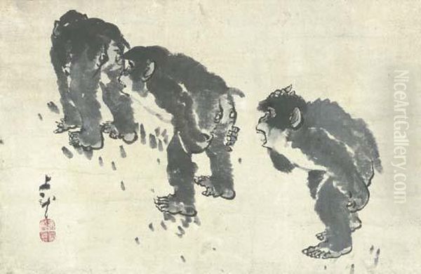 Three Monkeys Oil Painting by Mihata Joryu