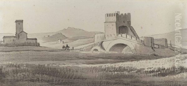 La Campagne Romaine Avec Vue Sur L'aqueduc Claudien; Le Palais Chigi A Ariccia; Et Le Pont Milvius Oil Painting by Simon-Joseph-Alexandre-Clement Denis