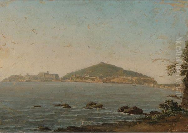 A View Of Naples From The Portici, The Castel Dell'ovo On Theleft Oil Painting by Simon-Joseph-Alexandre-Clement Denis