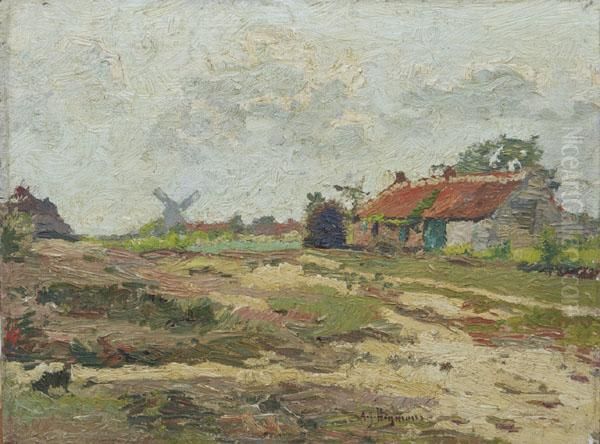 Rural View With A Windmill Beyond Oil Painting by Adrien Joseph Heymans