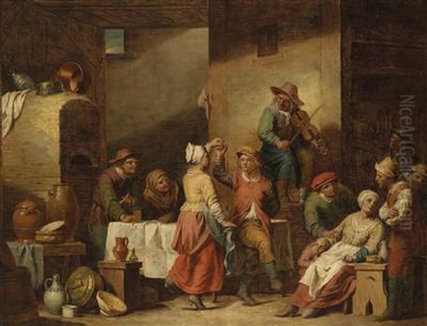 A Barn Interior With Dancing Peasants Oil Painting by Jan Joseph Verhaghen