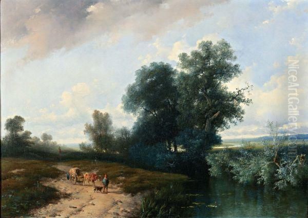 Weids Boomrijk Landschap, Op De Voorgrond Een Boer Met Ossekar Oil Painting by Antonius Josephus Madlener